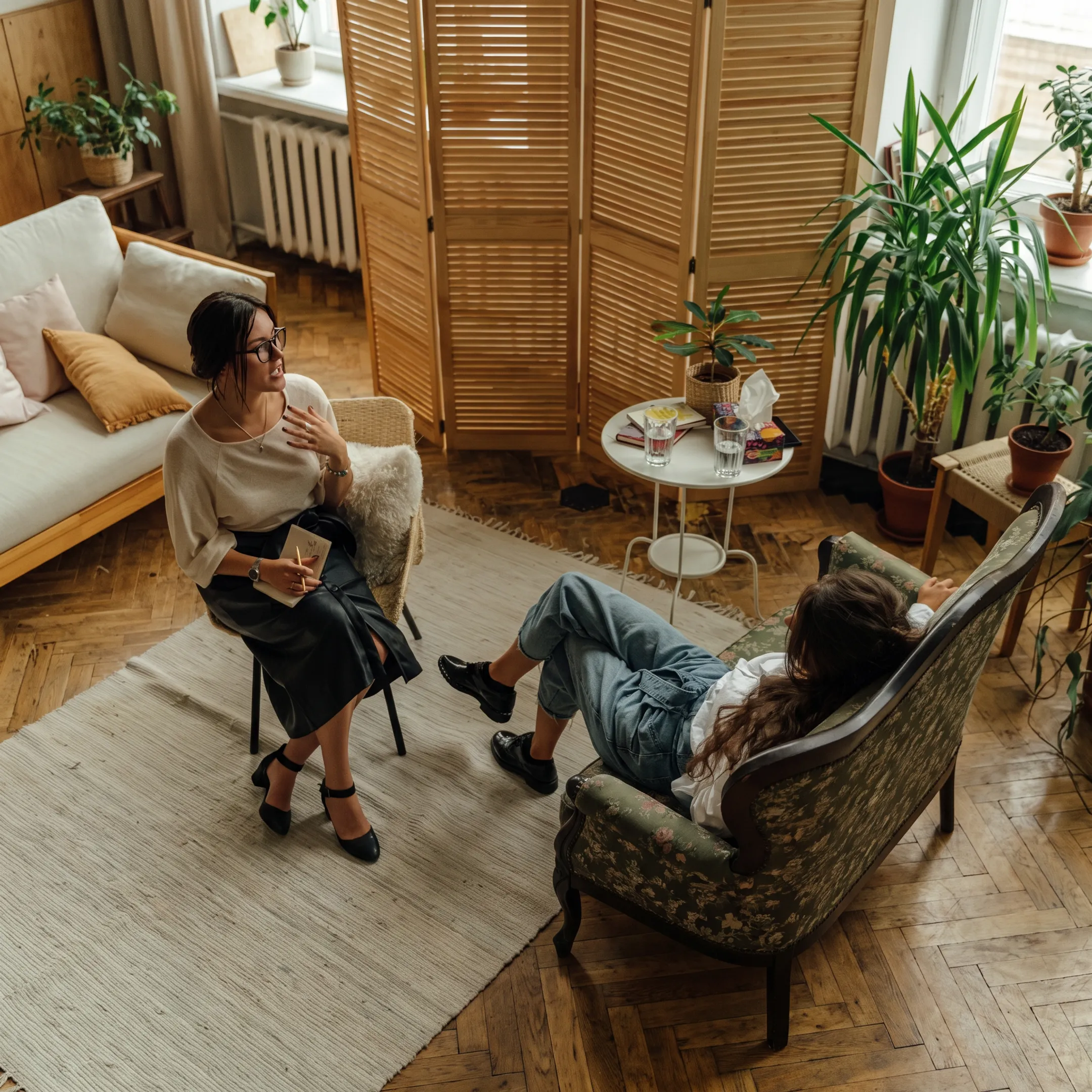 Clinician discussing a mental health screening with an adult client in a calm counseling room