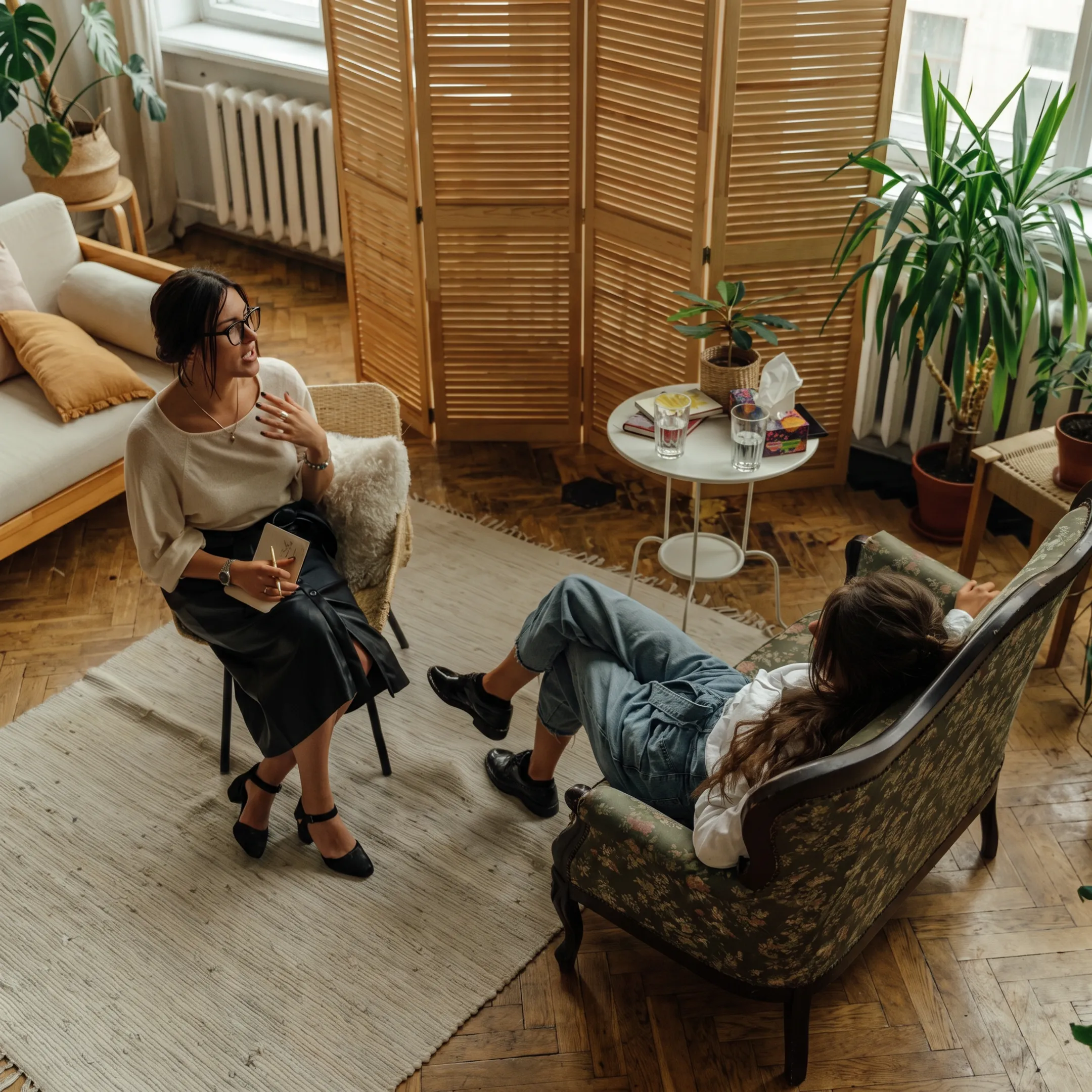 Comfortable residential mental health treatment setting with clinician and adult client talking