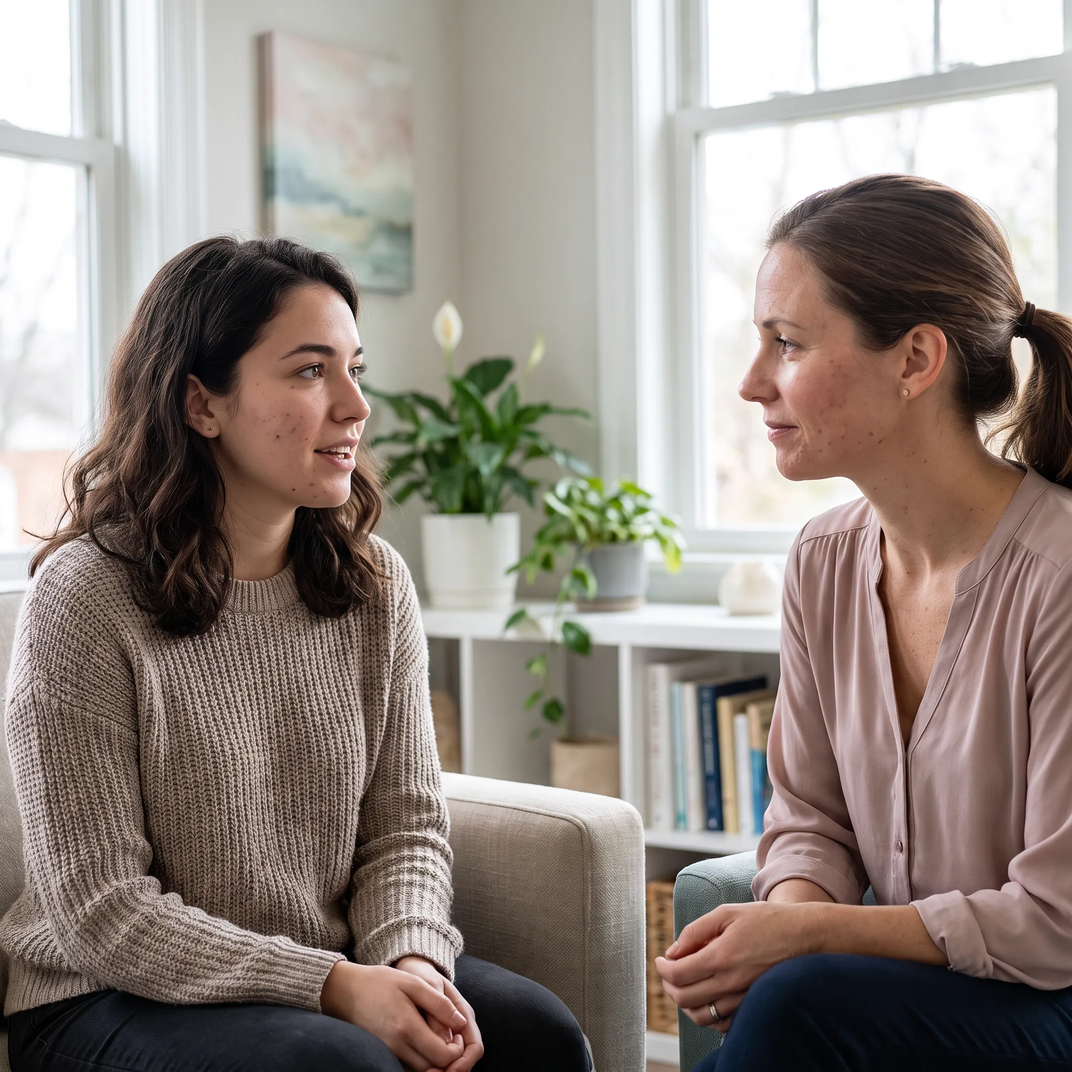 Young adult receiving compassionate mental health support in a calm residential treatment setting