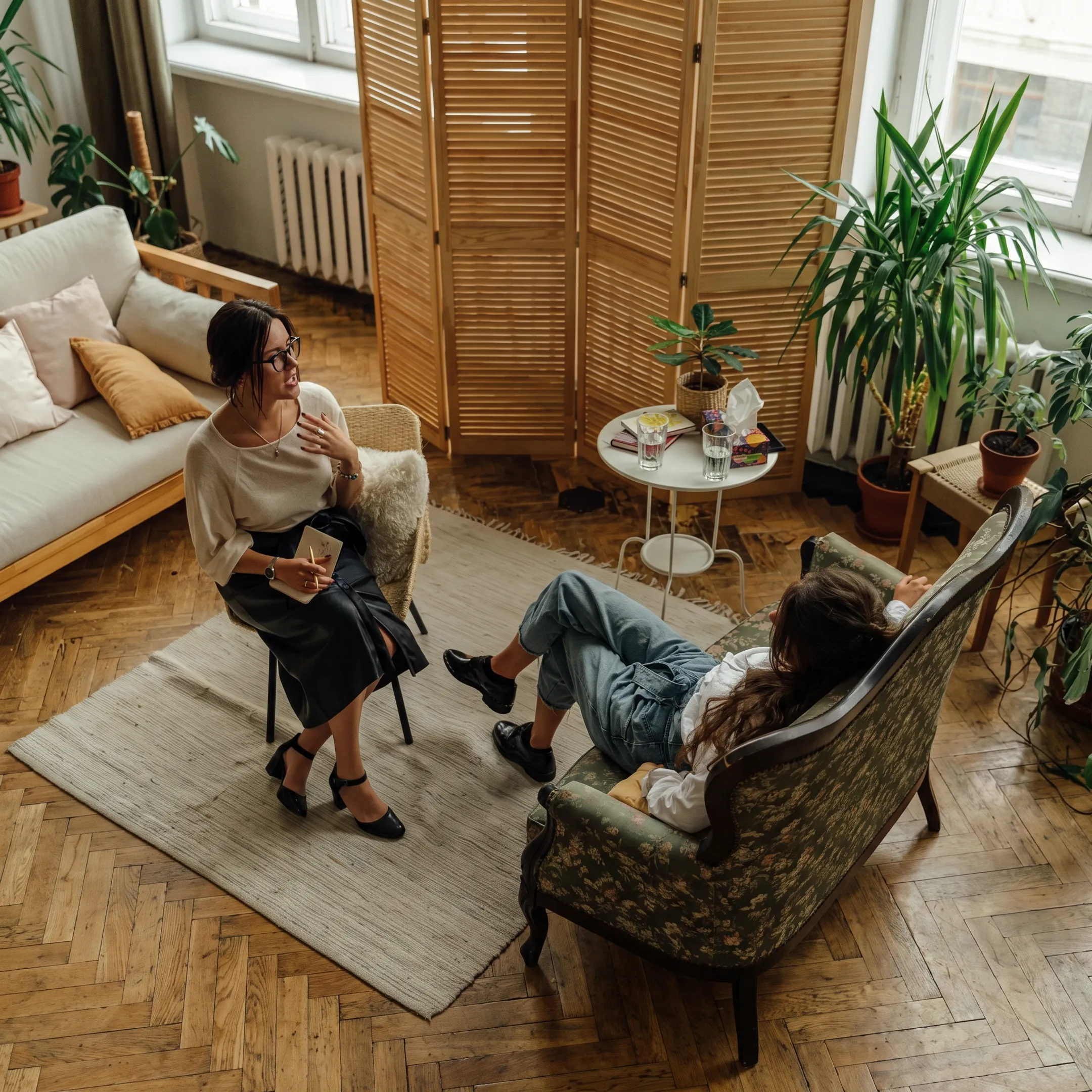 Clinician speaking with an adult receiving schizophrenia treatment in a calm behavioral health setting