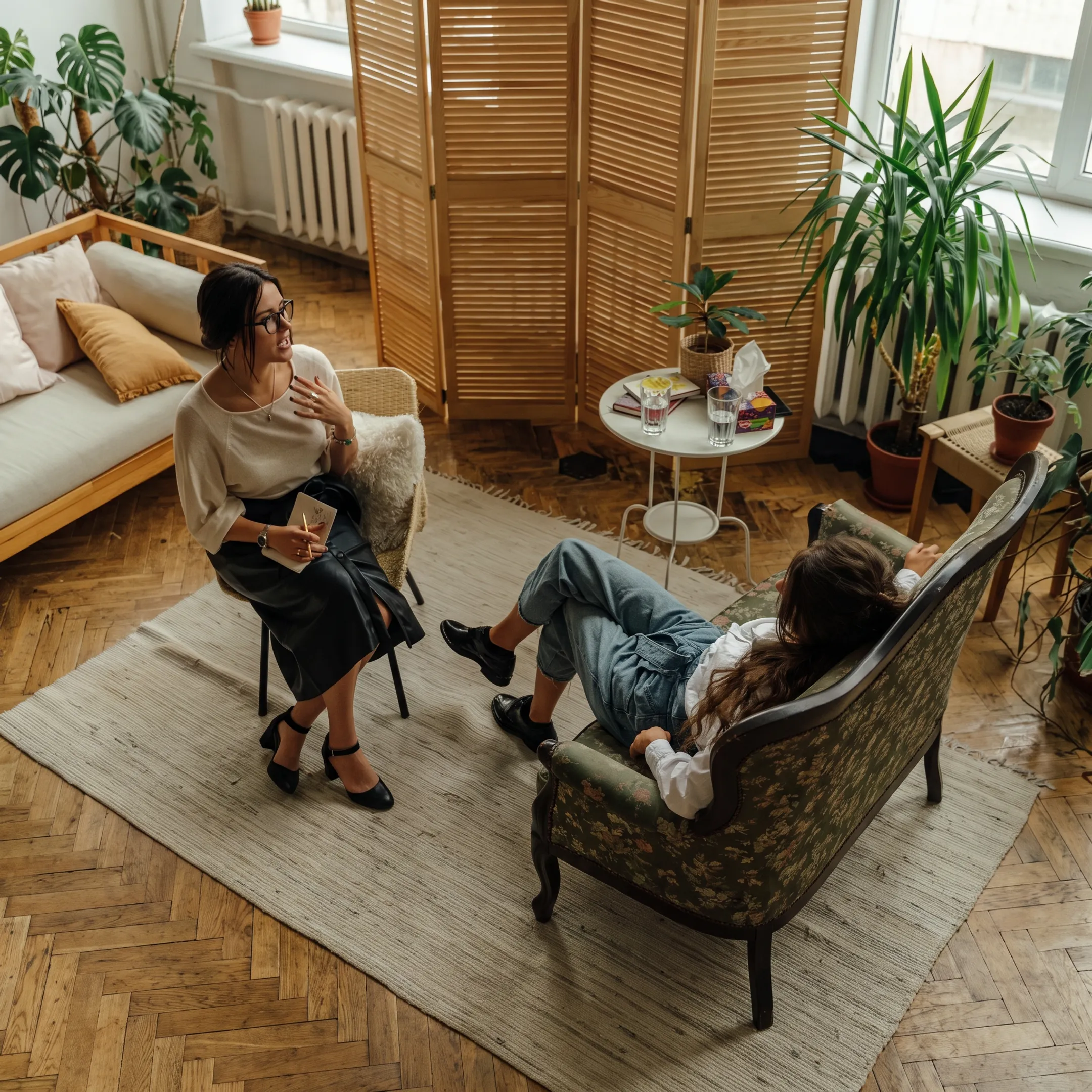 Calm residential mental health treatment setting with clinician speaking to an adult client