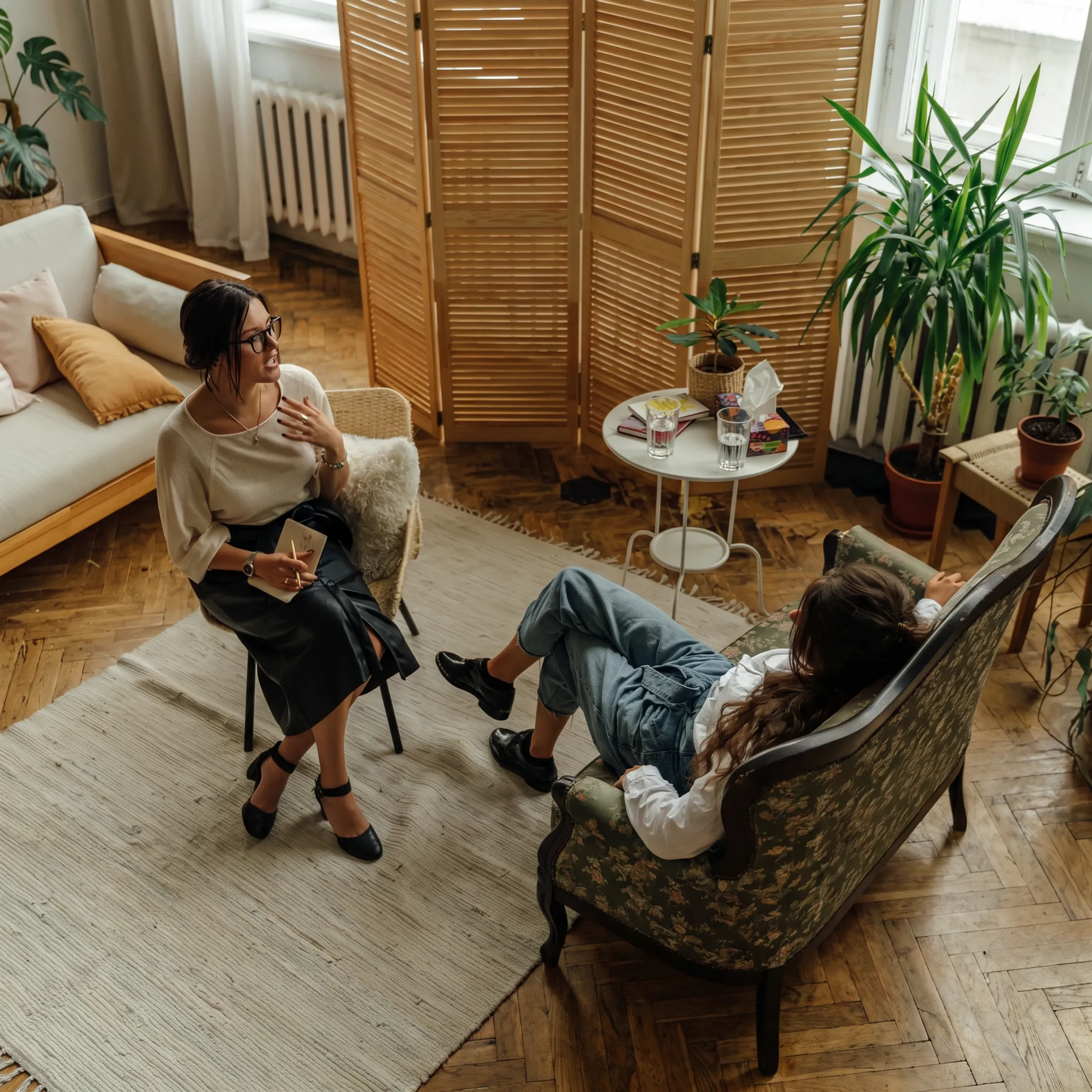 Clinician providing supportive counseling to an adult in residential mental health care