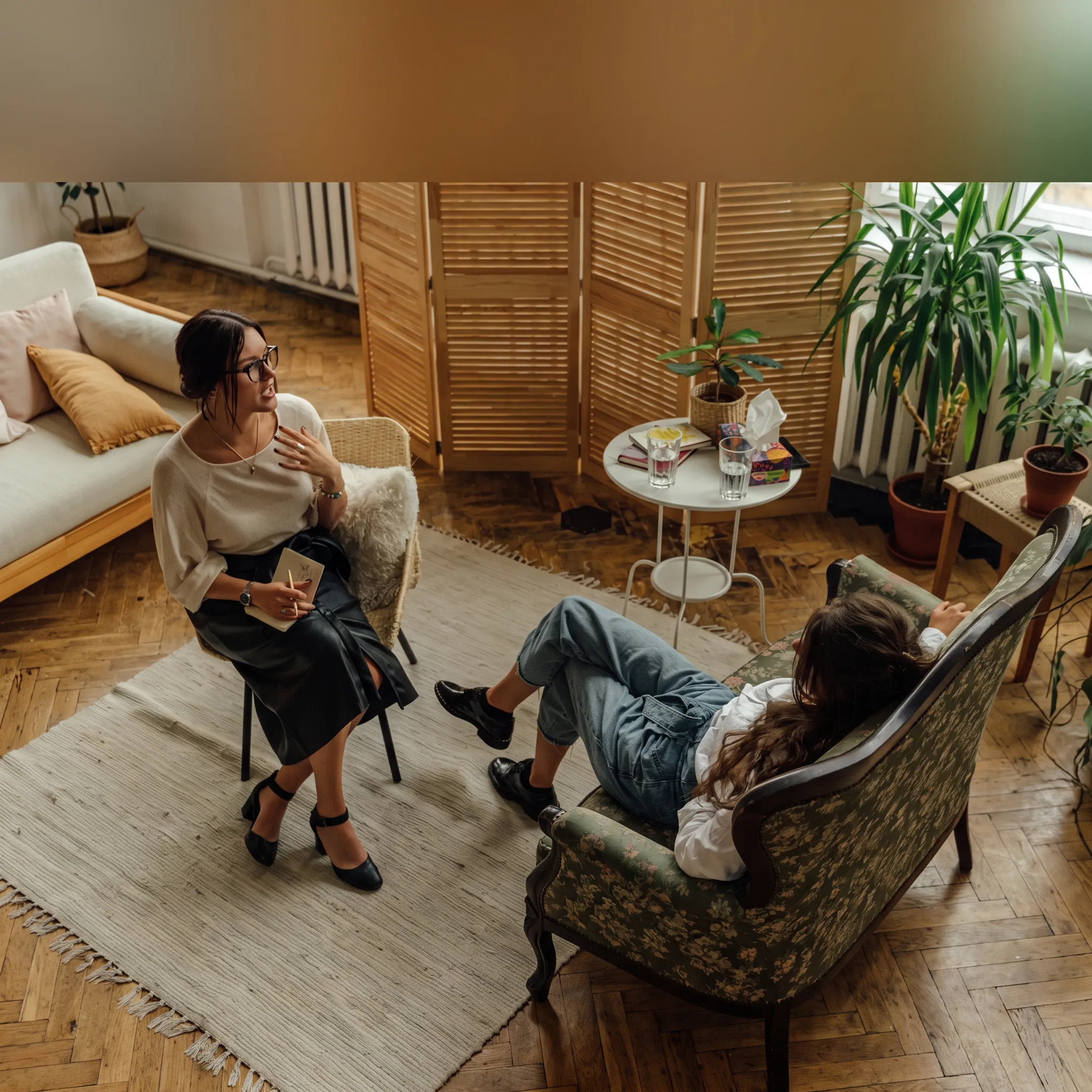 Clinician speaking with an adult client in a calm behavioral health treatment setting
