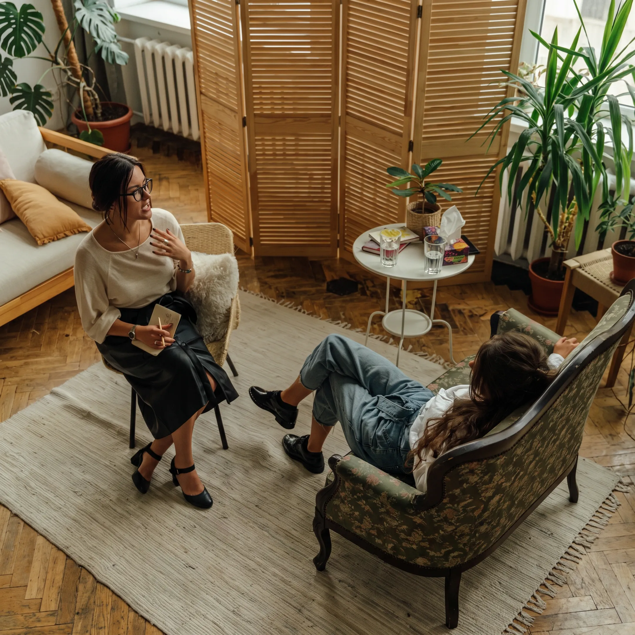 Clinician speaking with an adult client in a calm California behavioral health treatment setting