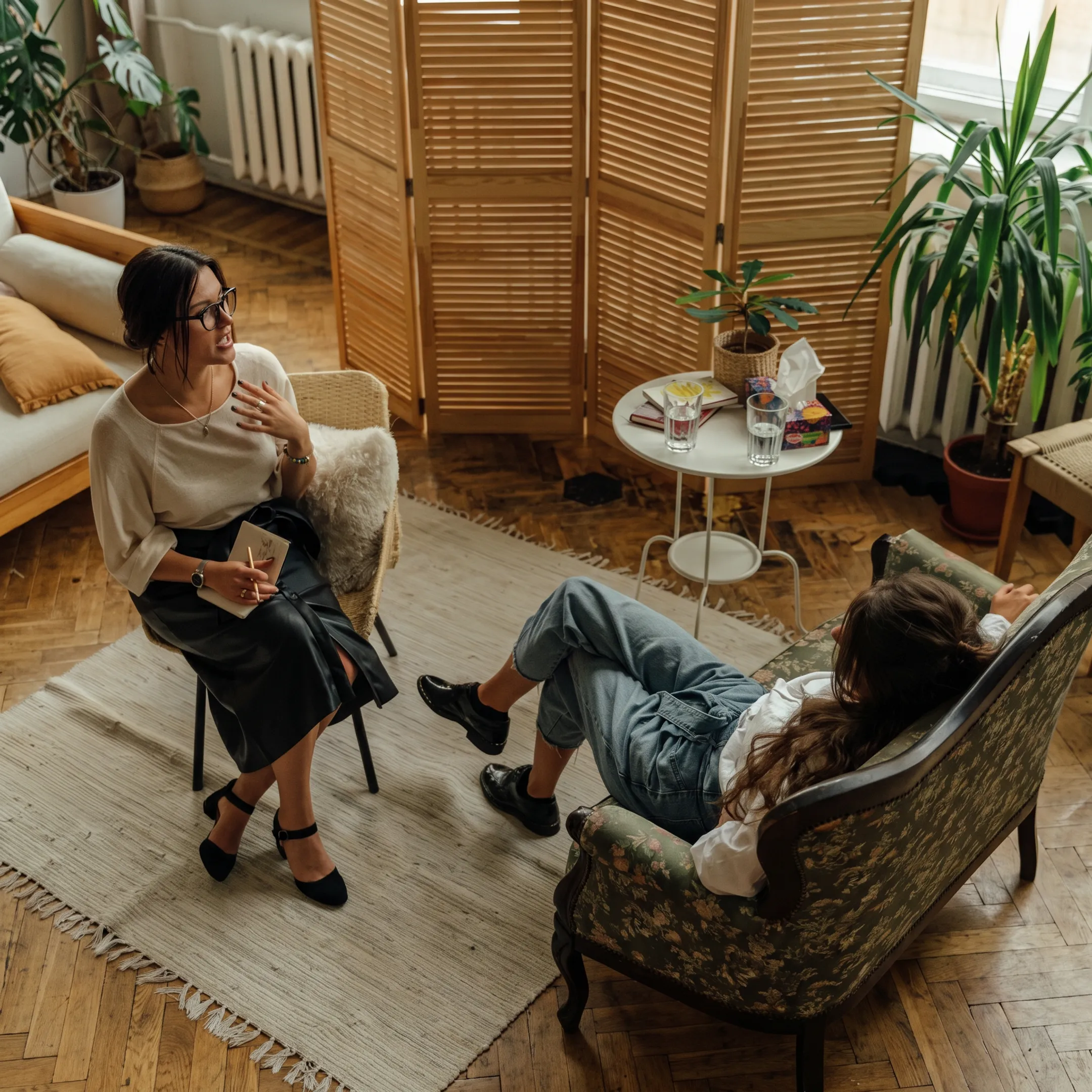 Adult client participating in a supportive therapy session at a residential treatment facility