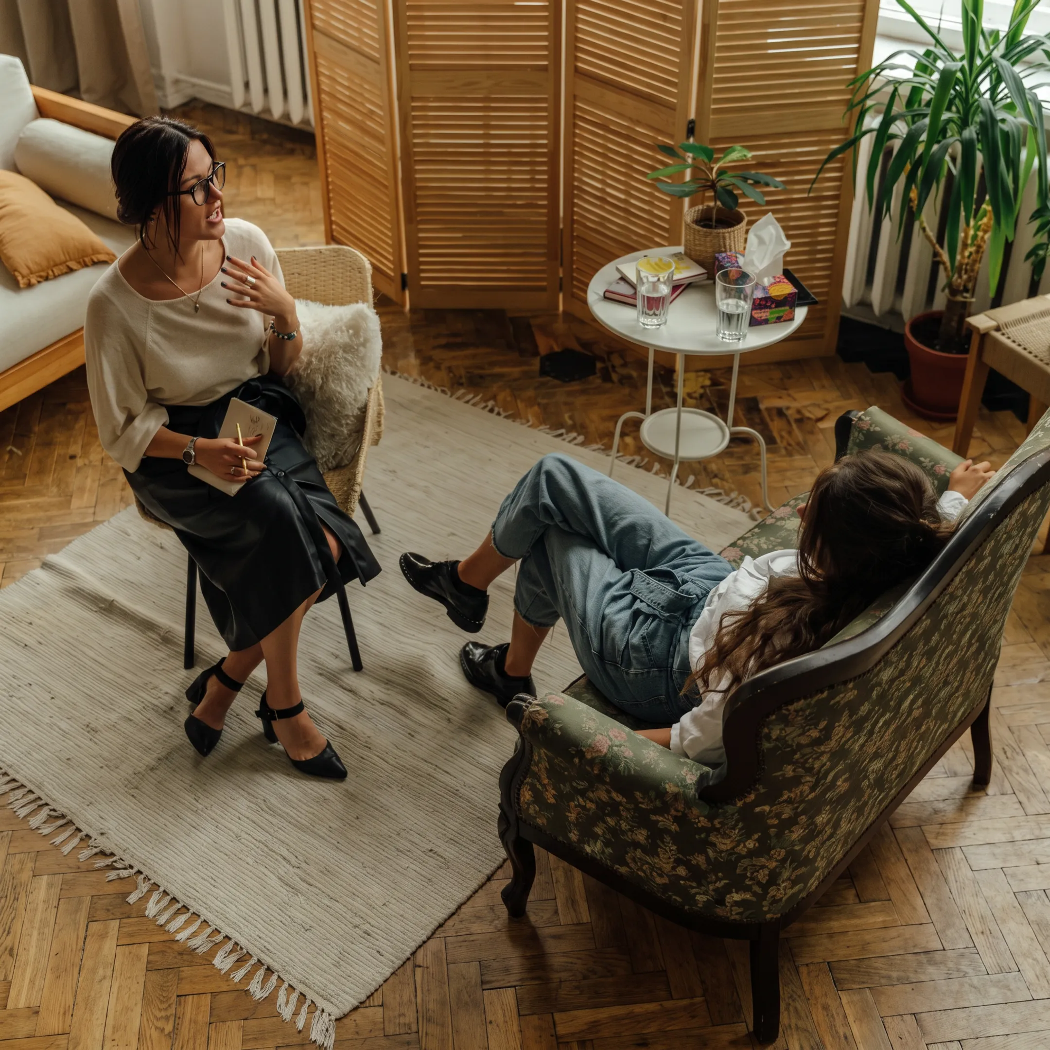 Therapist speaking with an adult client in a calm behavioral health setting