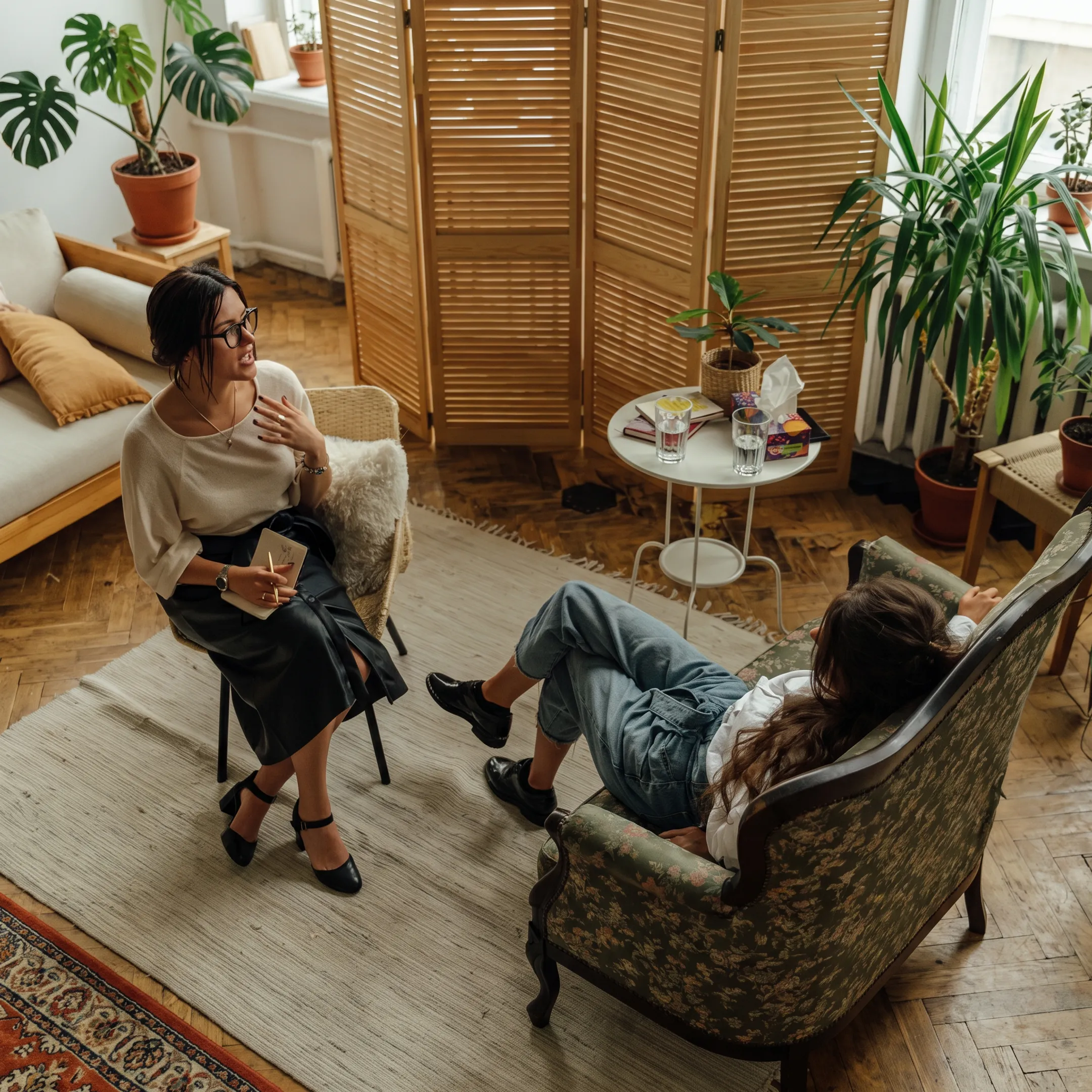 Clinician speaking with an adult client in a calm behavioral health treatment setting