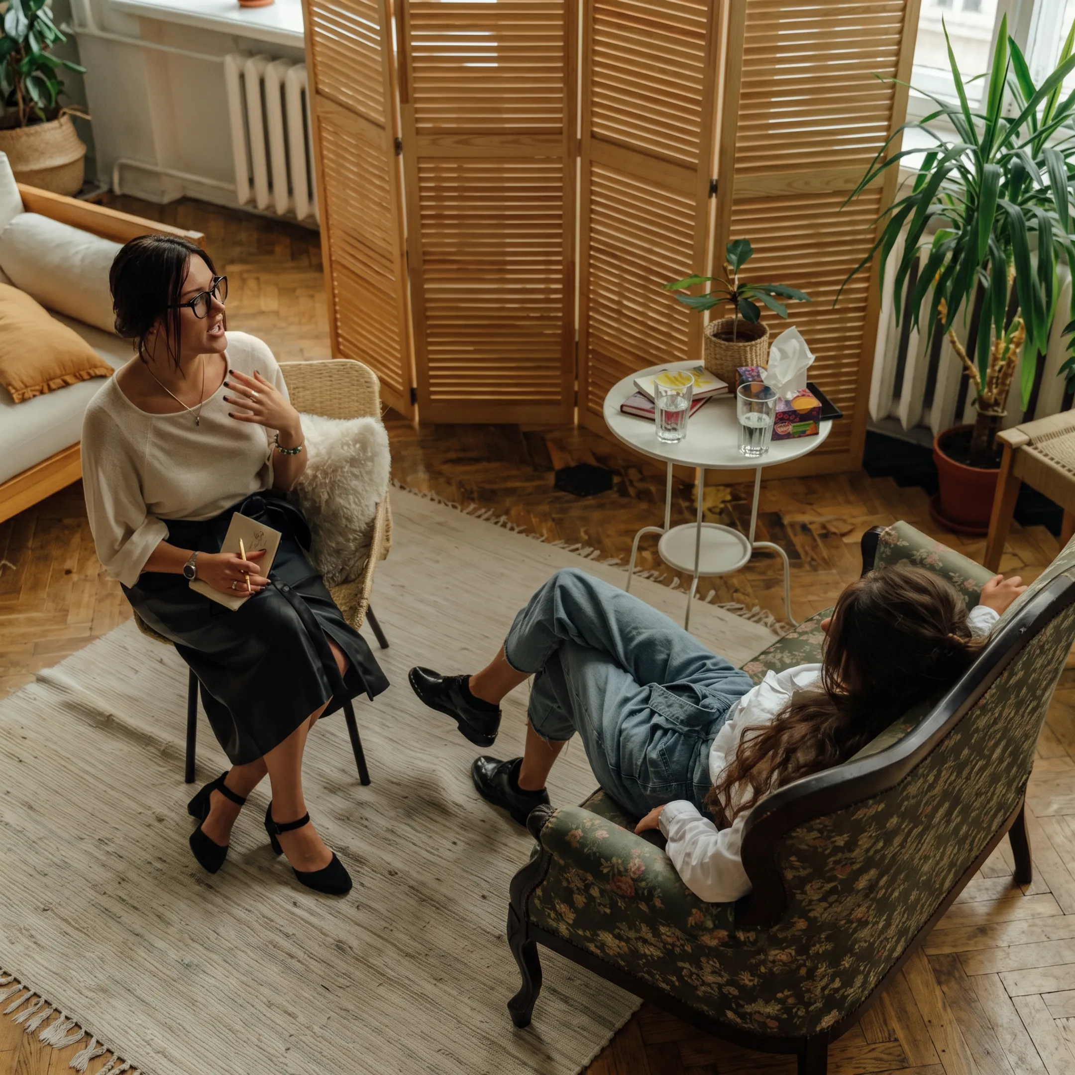 Clinician speaking with an adult client in a calm residential mental health treatment setting
