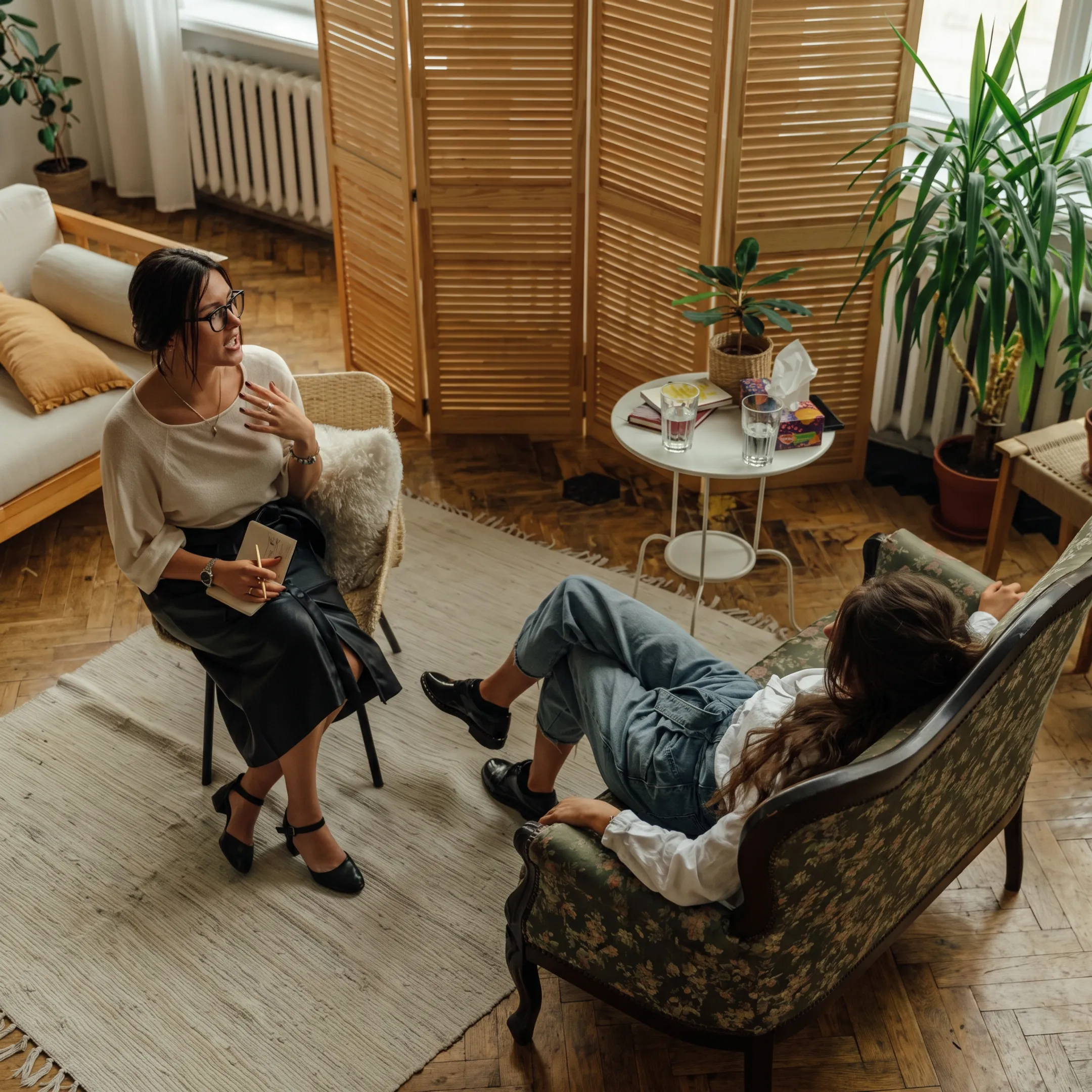 Compassionate clinician speaking with an adult client in a peaceful treatment setting