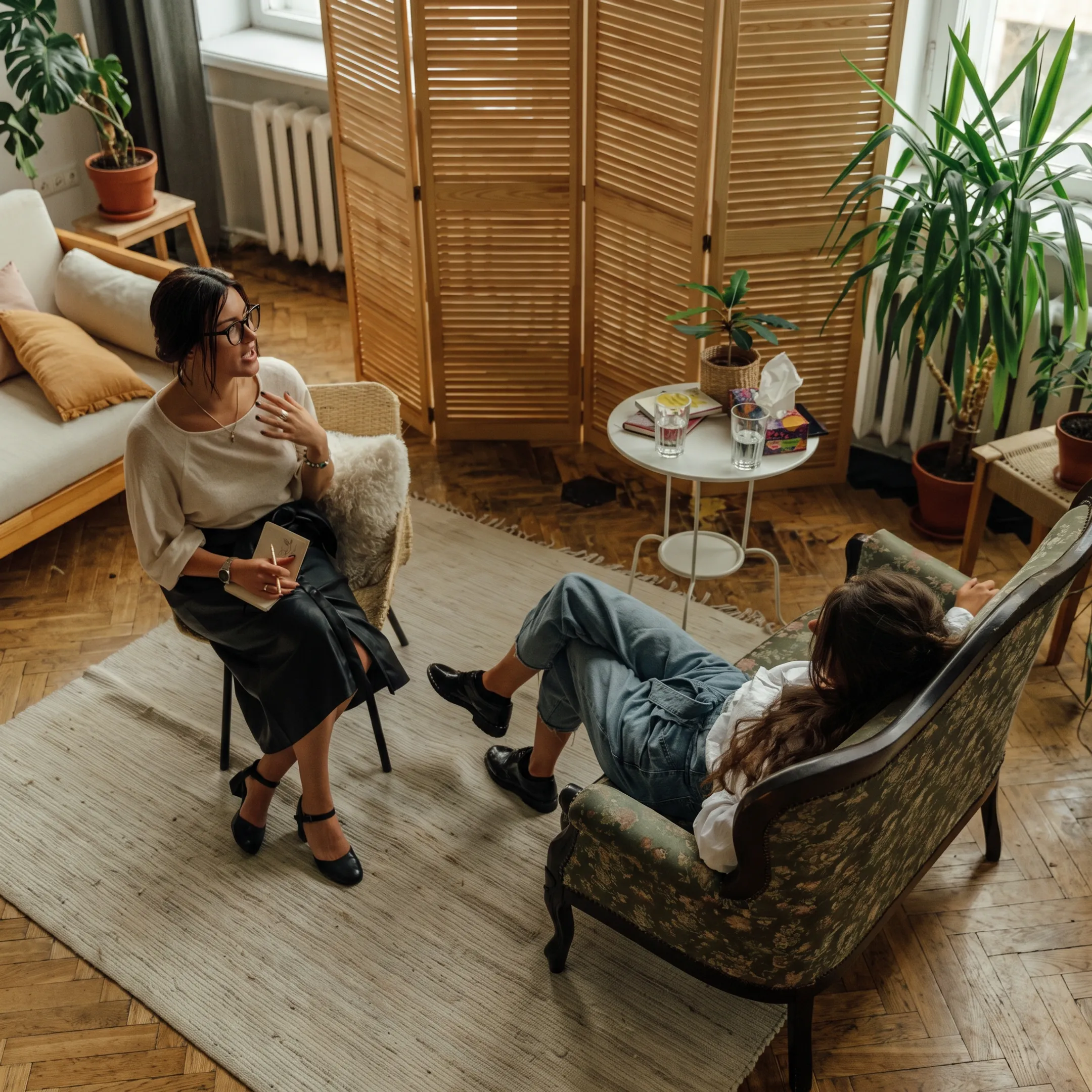 Clinician speaking with an adult client in a calm behavioral health treatment setting