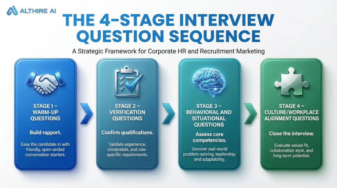 4-stage structured interview question sequence flow from warm-up to alignment
