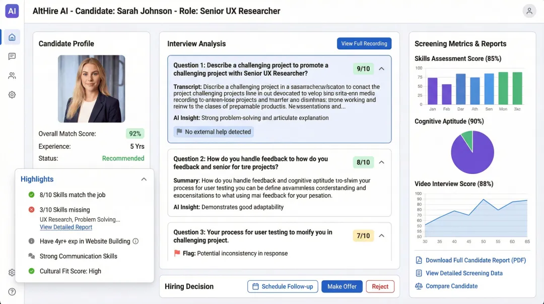 AltHire AI platform dashboard showing candidate interview reports and screening metrics