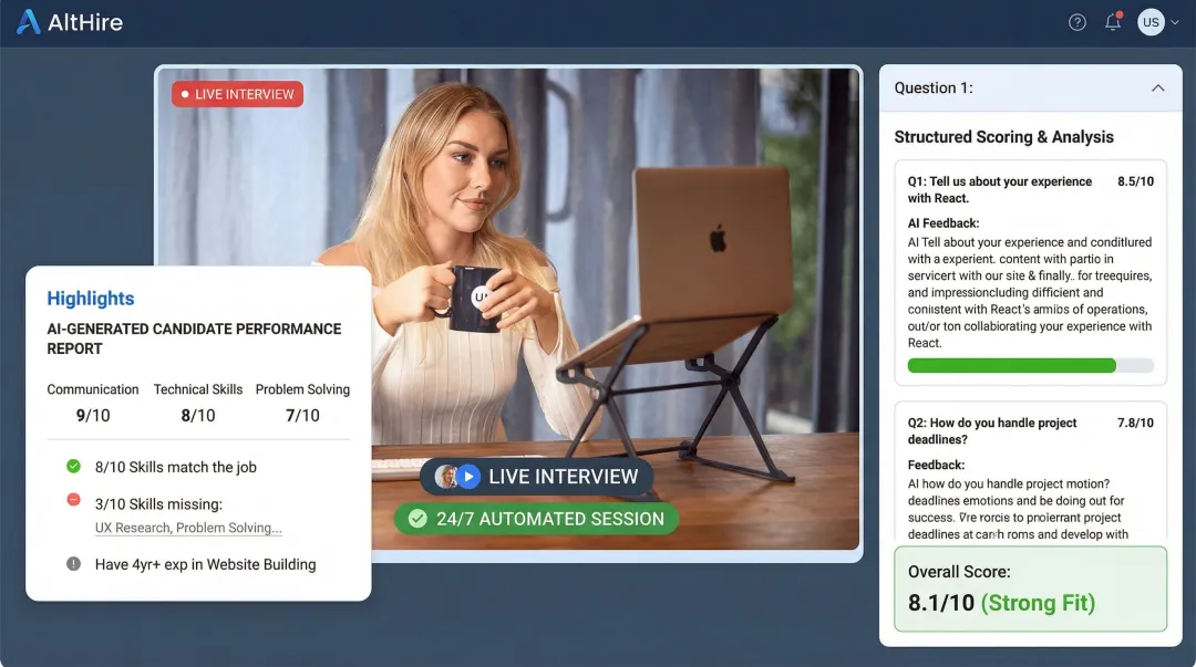 AltHire AI platform showing adaptive interview agent interface and candidate report