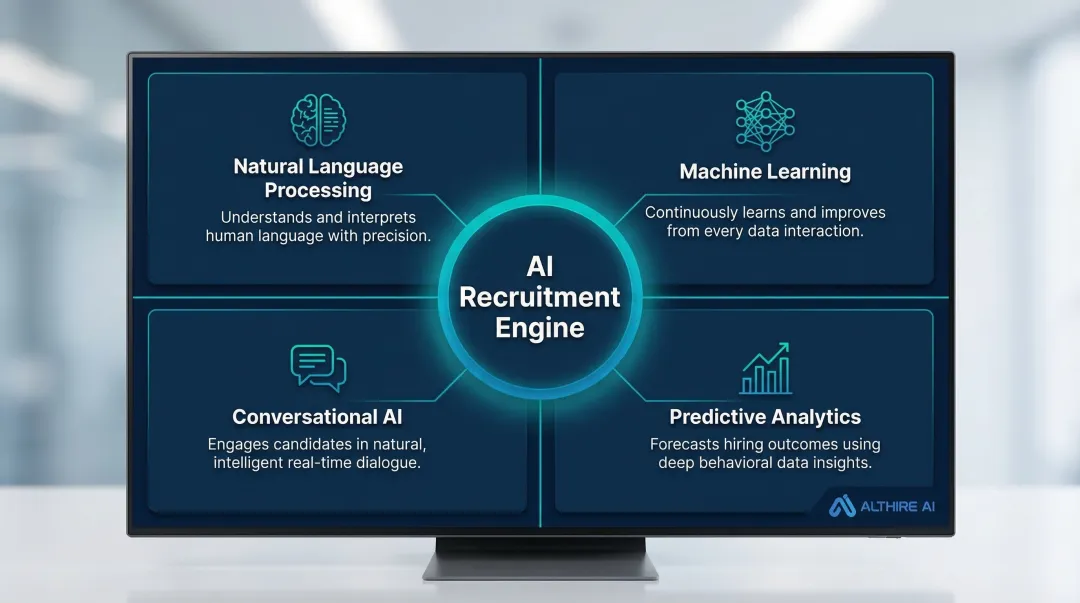 Four core AI recruitment technologies powering modern hiring platforms infographic