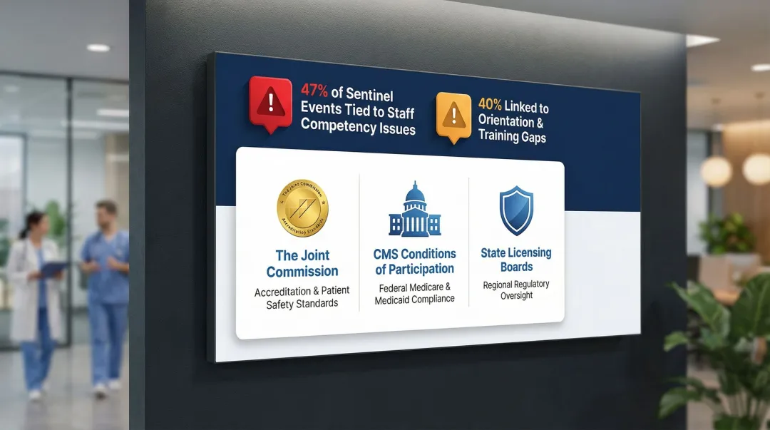 Healthcare onboarding compliance requirements and sentinel event statistics breakdown infographic