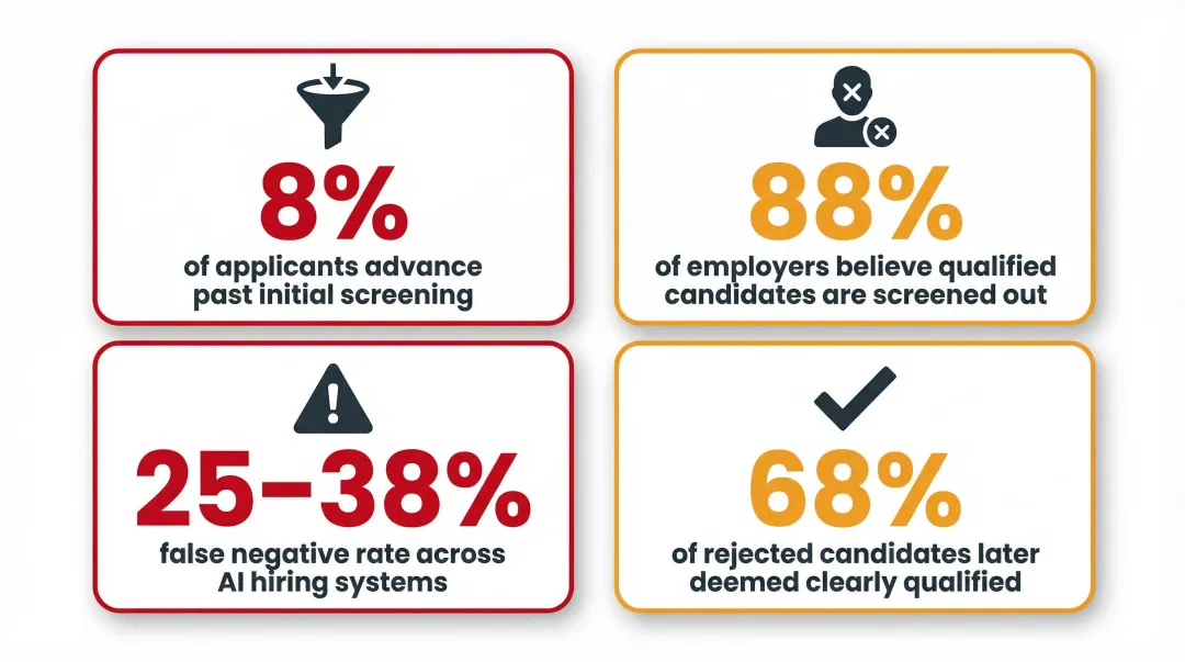 AI hiring screening false negative rate statistics and candidate advancement benchmark data