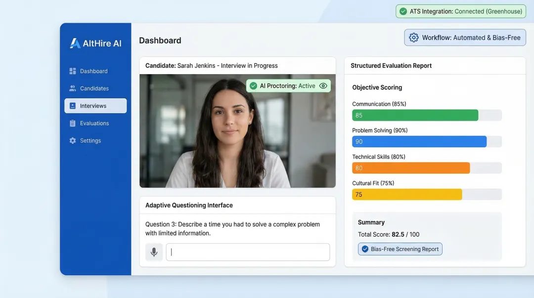 AltHire AI platform dashboard showing adaptive interview scorecard and candidate evaluation report