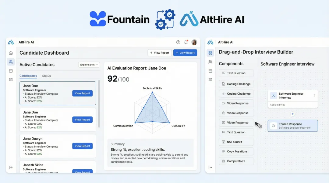 AltHire AI platform dashboard displaying adaptive interview interface and candidate evaluation report
