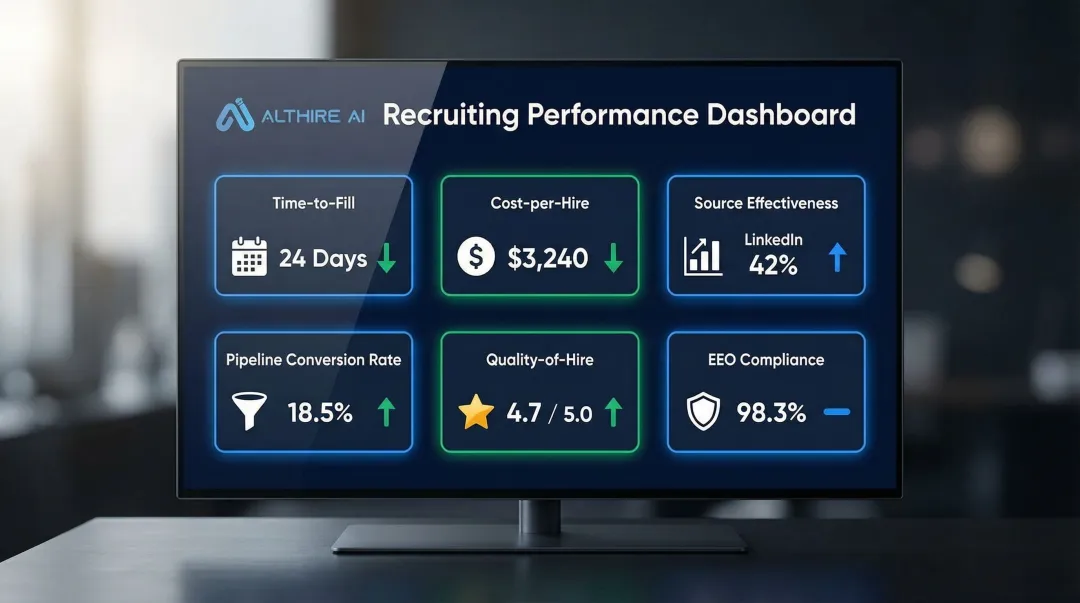 Recruiting analytics dashboard KPIs including time-to-fill cost-per-hire and pipeline conversion rates