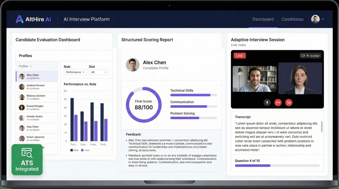 AltHire AI interview platform dashboard showing candidate scoring and structured interview reports