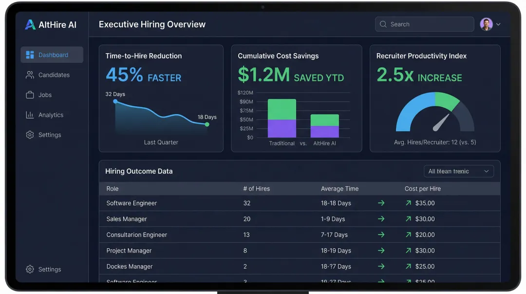 AltHire AI platform dashboard showing hiring metrics and recruiter productivity outcomes