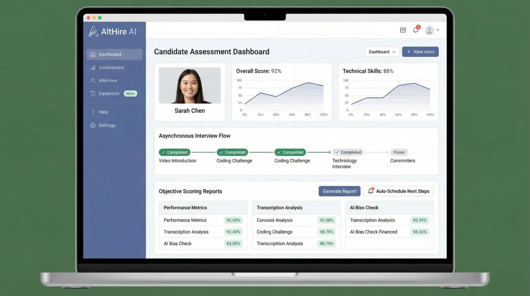 AI-powered interview platform interface showing automated candidate screening and scoring dashboard