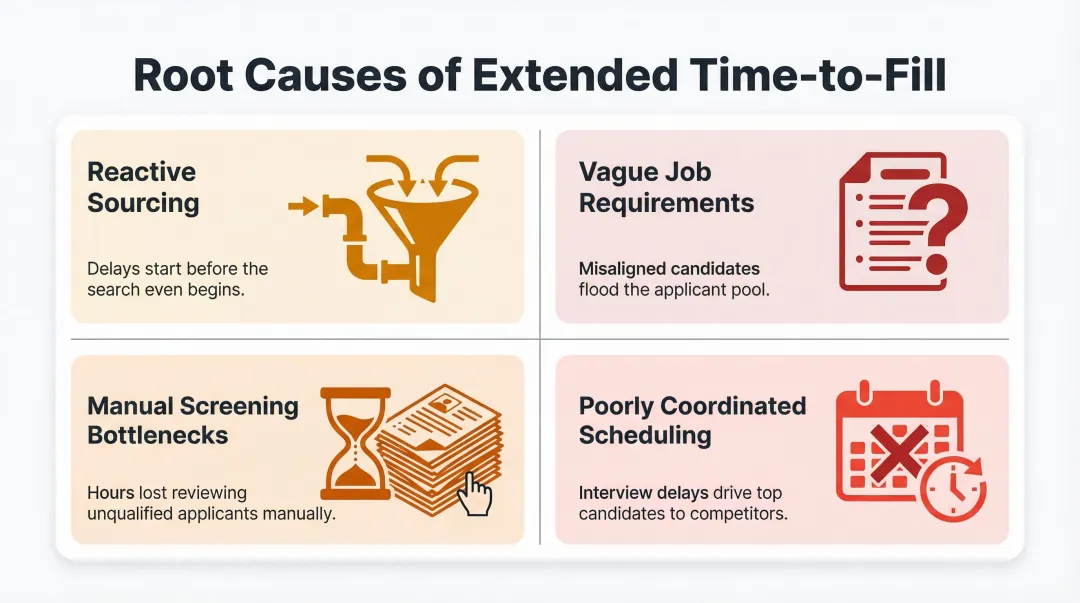 Four root causes of long recruitment time to fill process infographic