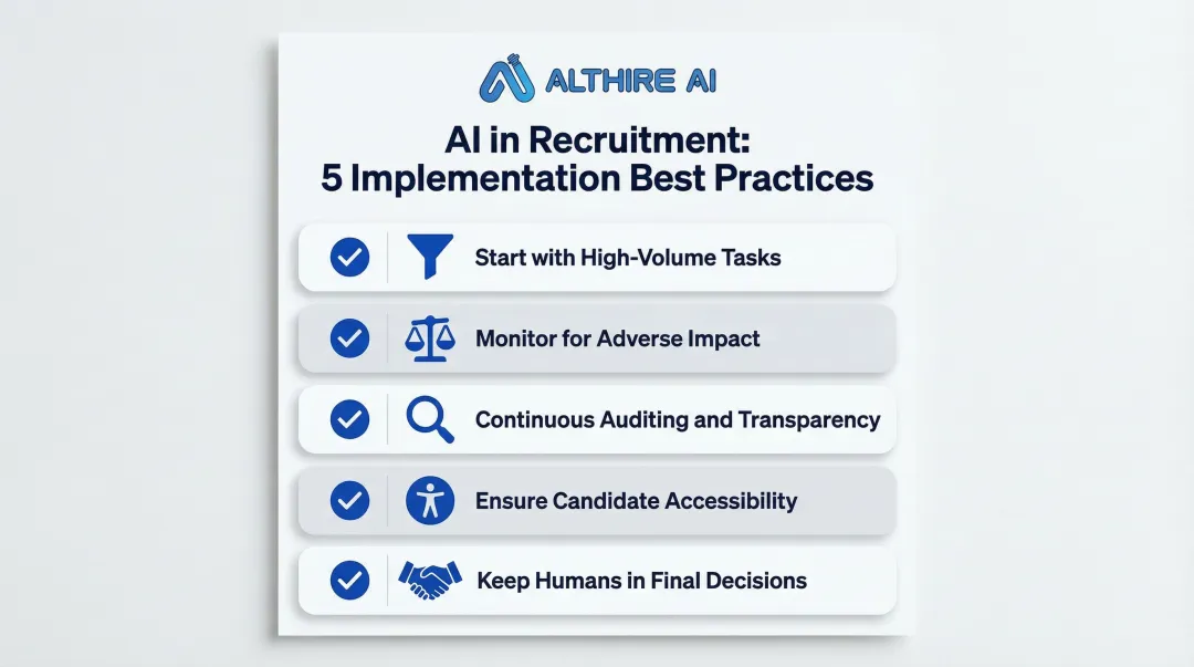 Five best practices for responsible AI recruitment implementation checklist infographic