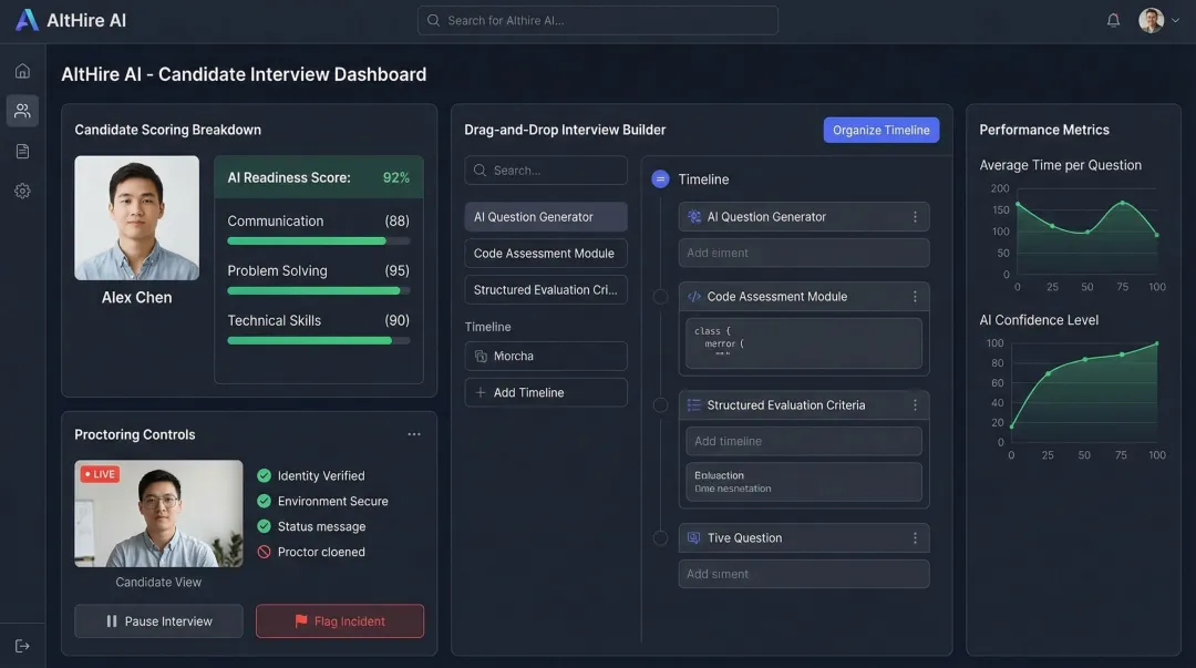 AltHire AI adaptive interview platform dashboard showing candidate scoring and proctoring features