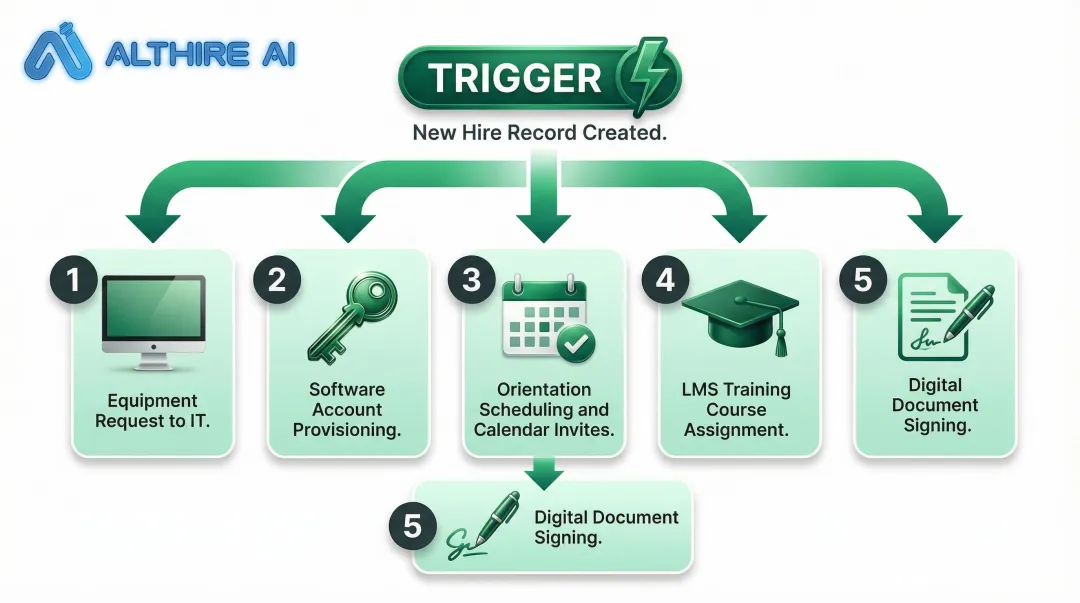 Automated employee onboarding workflow steps triggered by new hire HRIS record creation