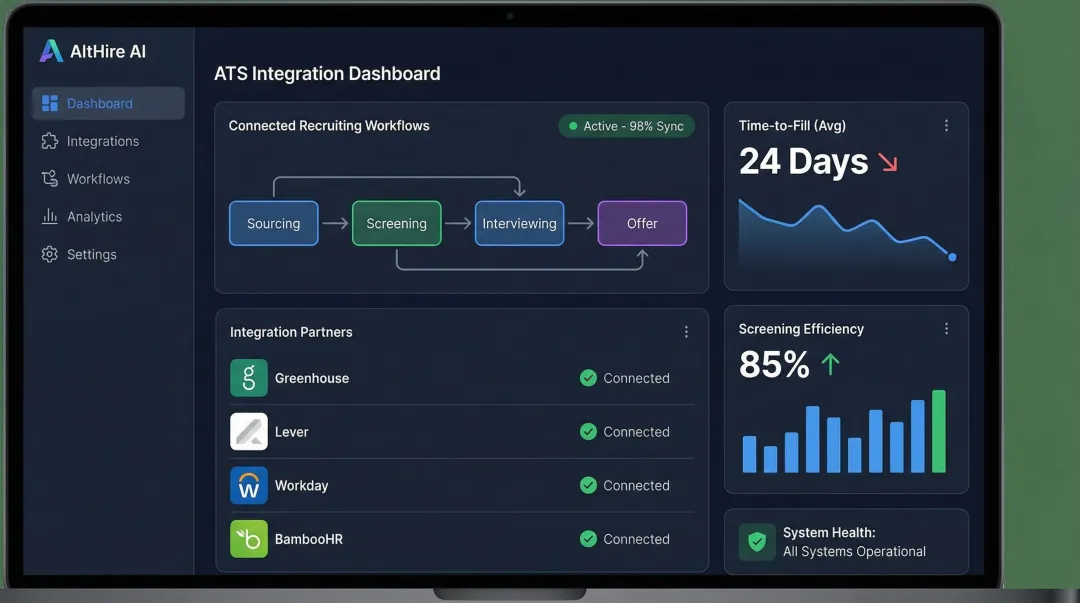 AltHire AI ATS integration dashboard showing recruiting workflow and hiring metrics