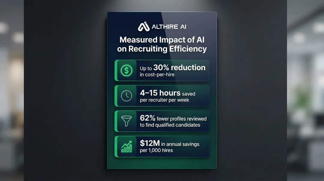 AI recruiting cost savings and recruiter productivity ROI metrics comparison infographic