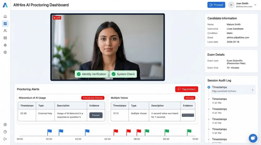 AltHire AI proctoring dashboard displaying biometric verification and behavior monitoring flags