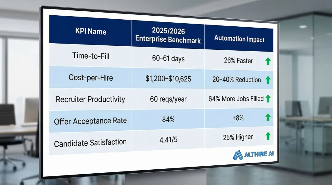 Enterprise talent acquisition KPI benchmark table showing automation impact on five hiring metrics