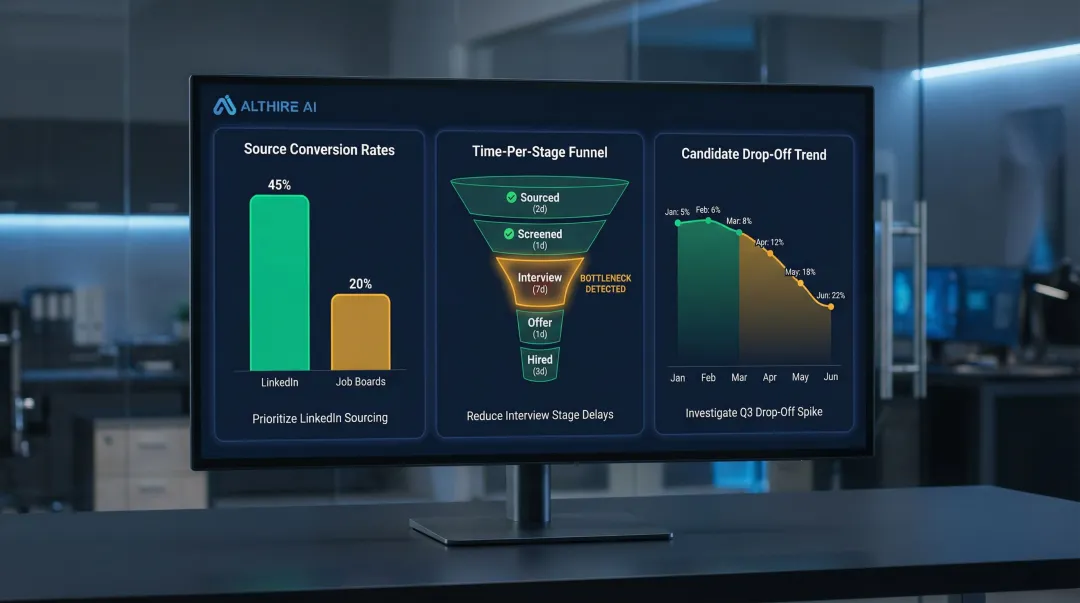 Recruitment analytics dashboard showing sourcing conversion rates time-to-hire and drop-off signals