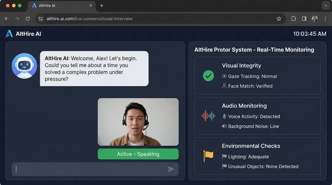 AltHire AI proctoring interface showing visual audio and environmental monitoring signals