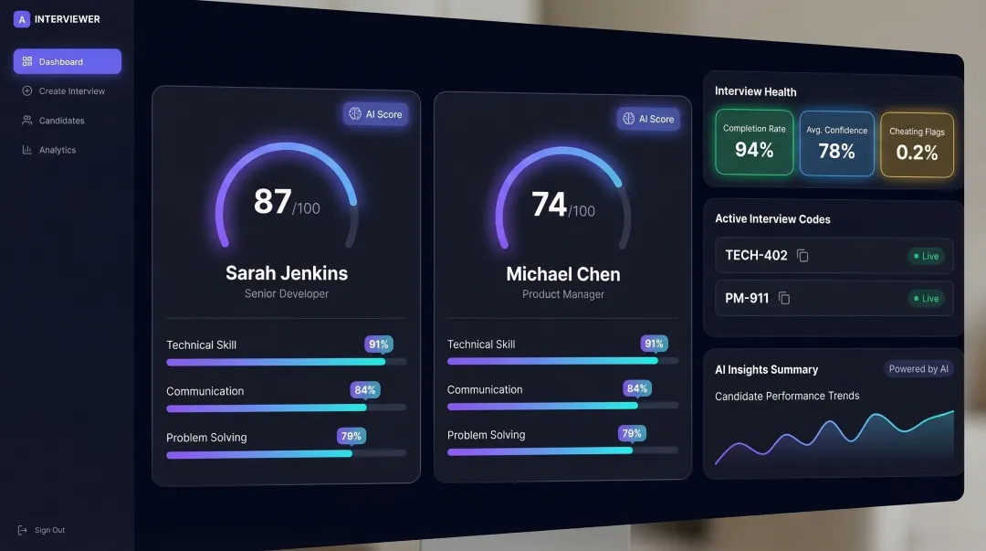 AI-powered interview platform dashboard displaying candidate scoring and evaluation rubrics