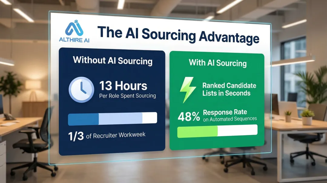 AI candidate sourcing time savings infographic showing recruiter hours and response rates