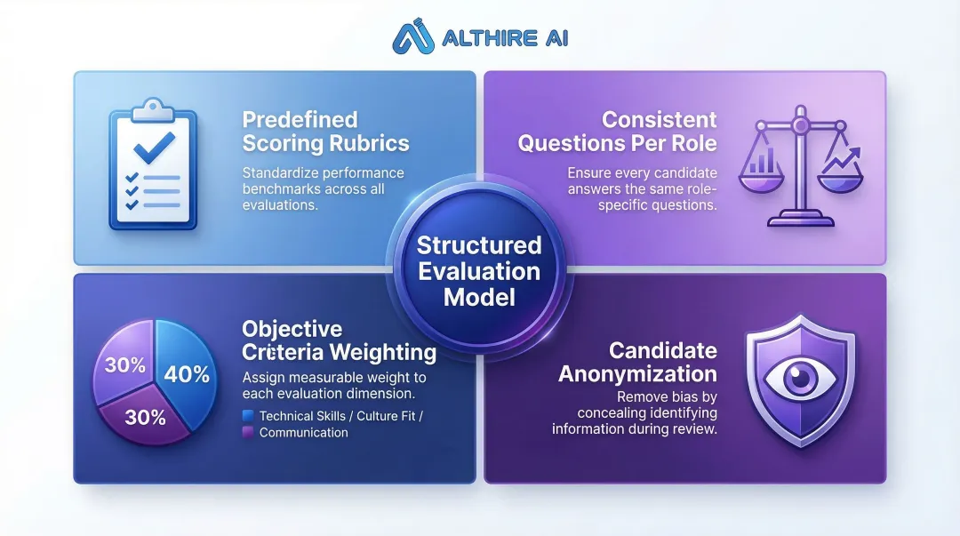Structured AI interview evaluation model four-component framework infographic