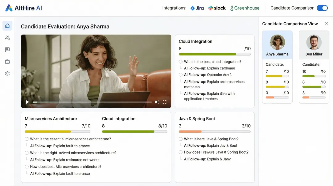 AltHire AI interview platform dashboard showing candidate scoring and performance reports