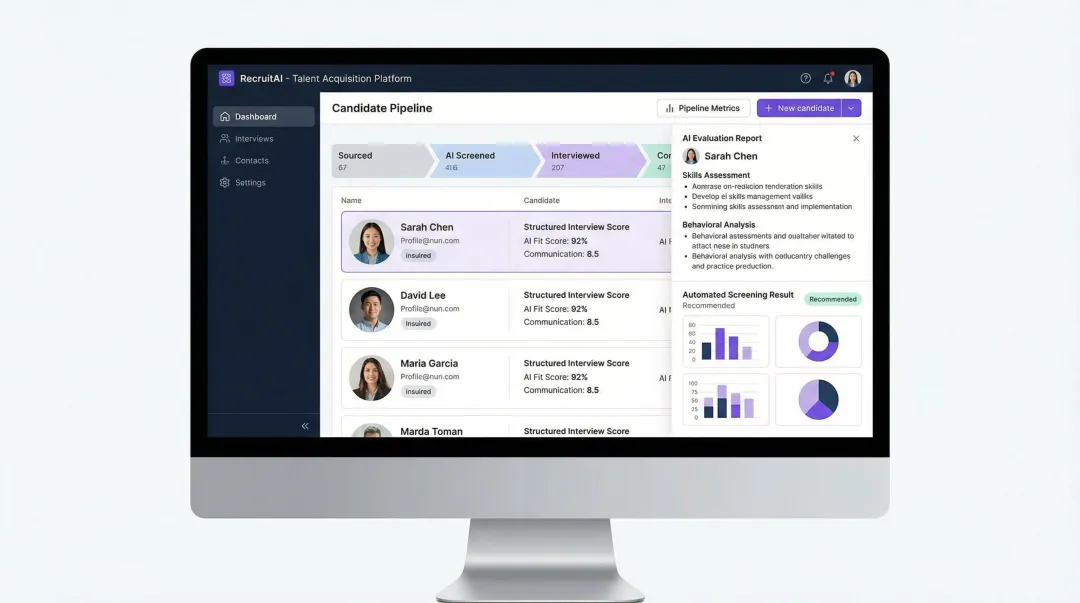AI interview platform dashboard showing candidate scoring and ATS integration workflow