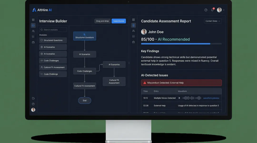 AltHire AI platform interview dashboard showing adaptive AI interview interface and candidate reports
