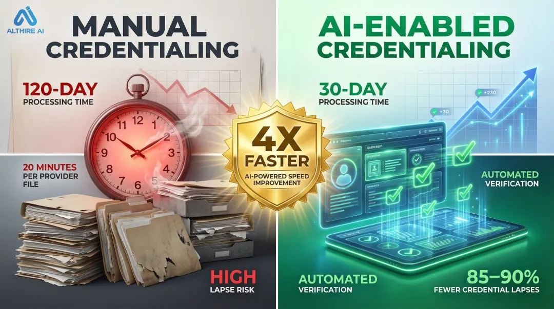 AI credentialing automation reducing processing time from 120 days to 30 days comparison