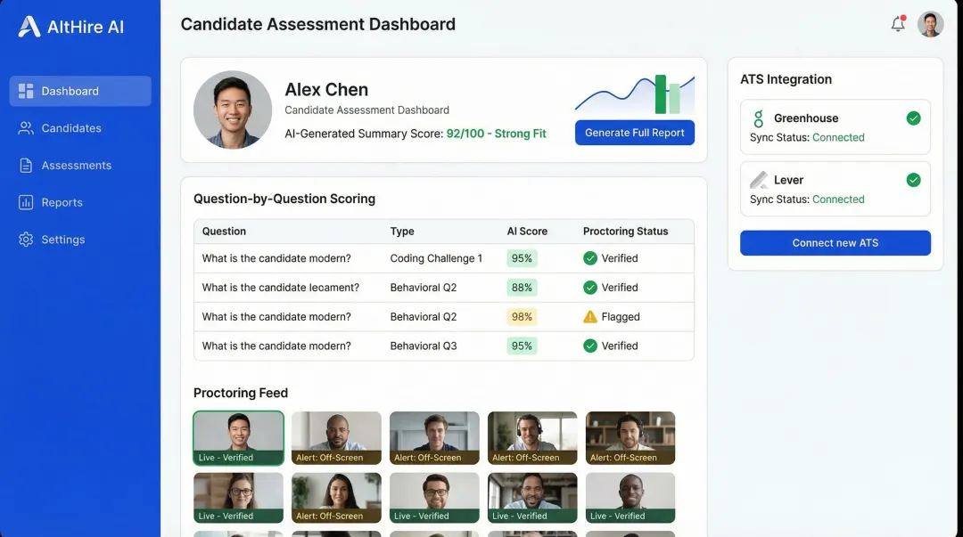 AltHire AI adaptive interview platform dashboard showing candidate scoring and proctoring reports