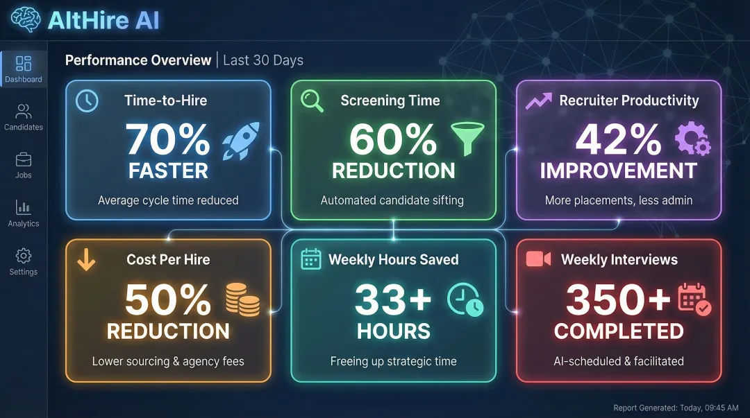 AltHire AI platform outcomes dashboard showing key recruiting performance metrics