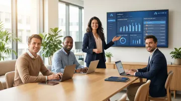 HR recruiter team training session reviewing AI scoring outputs on large screen