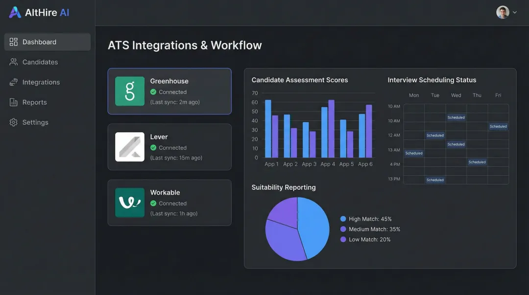 AltHire AI platform dashboard showing ATS integration connections and candidate scoring