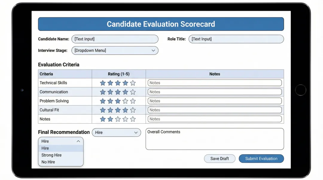AltHire AI structured interview scorecard template showing candidate evaluation fields