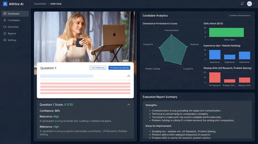 AltHire AI interview platform dashboard showing candidate scoring and proctoring reports