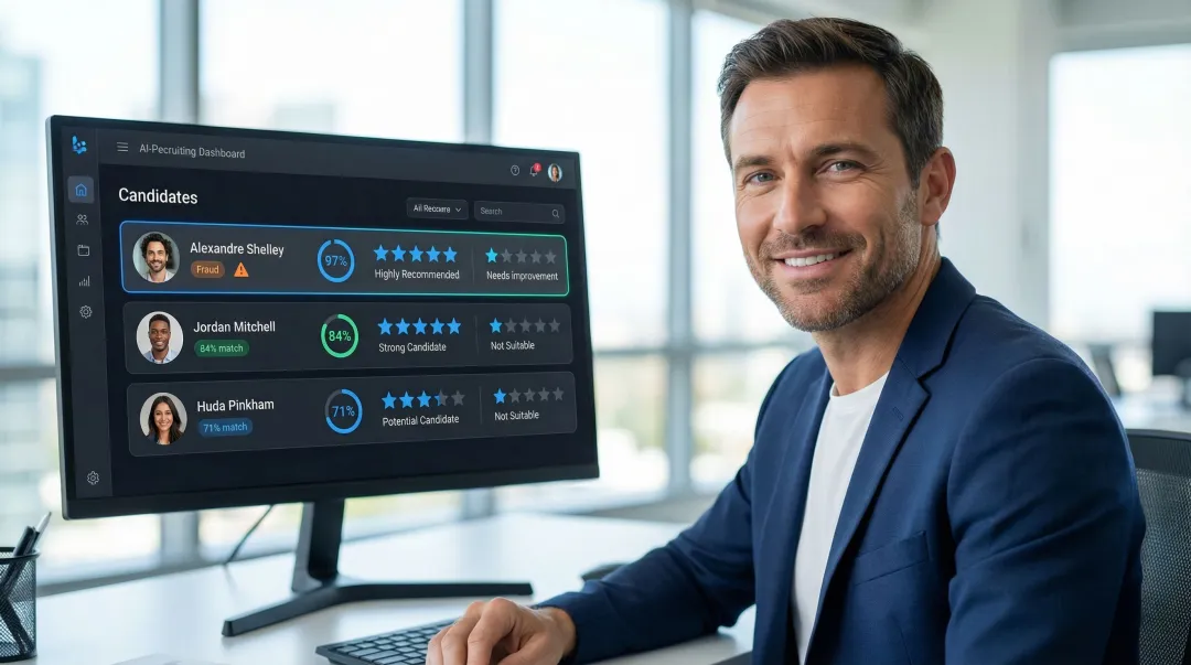 AI resume screening platform interface displaying candidate scoring and fraud detection alerts